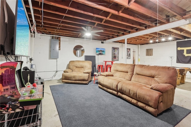 643 Croyland Ave, Indiana Boro, PA 15701 - living room with electric panel and unfinished concrete flooring