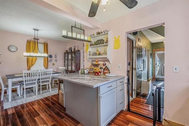 346 Pine St, Ambridge, PA 15003 - kitchen with dark wood-type flooring, open shelves, a ceiling fan, and pendant lighting