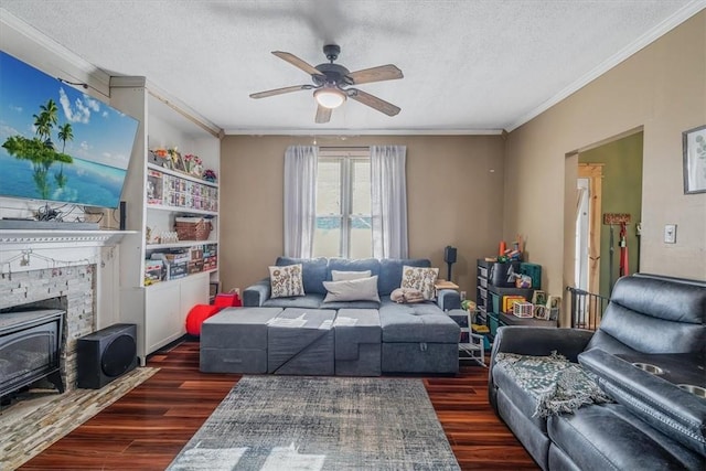 346 Pine St, Ambridge, PA 15003 - living room with ornamental molding, a textured ceiling, a ceiling fan, and dark wood finished floors