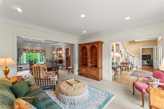 104 Autumn Way, Peters Twp, PA 15367 - living room with crown molding, light carpet, recessed lighting, and baseboards