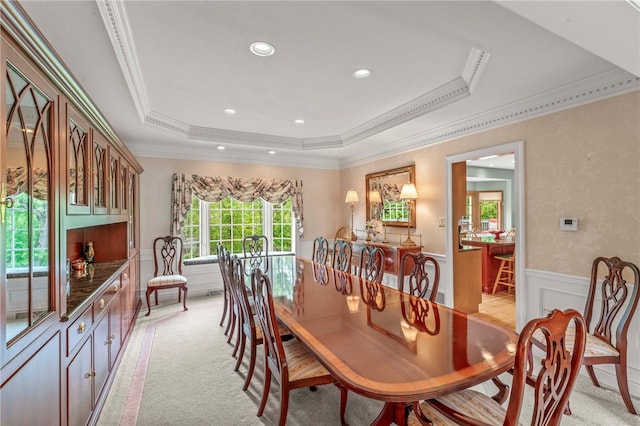 104 Autumn Way, Peters Twp, PA 15367 - dining area with ornamental molding, wainscoting, a tray ceiling, light carpet, and recessed lighting