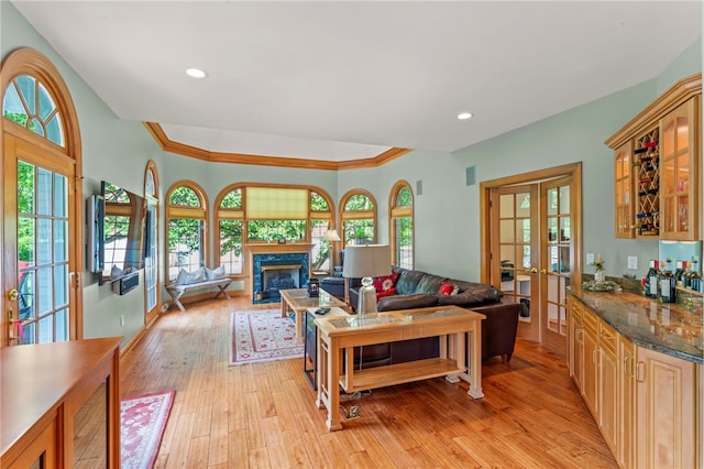 104 Autumn Way, Peters Twp, PA 15367 - living room featuring french doors, light wood finished floors, healthy amount of natural light, recessed lighting, and ornamental molding