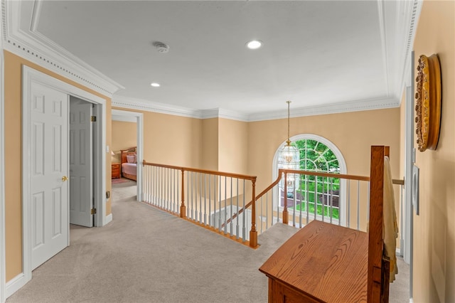 104 Autumn Way, Peters Twp, PA 15367 - hall with carpet flooring, ornamental molding, an upstairs landing, and recessed lighting