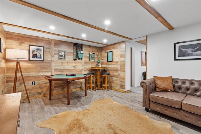920 Maple Ave, Castle Shannon, PA 15234 - game room with wooden walls, wood finished floors, recessed lighting, and beamed ceiling