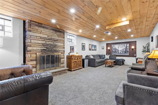 920 Maple Ave, Castle Shannon, PA 15234 - living area with carpet floors, wood ceiling, healthy amount of natural light, recessed lighting, and a stone fireplace