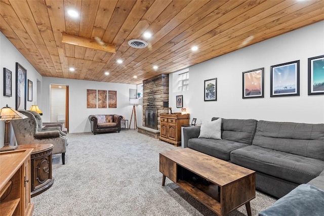 920 Maple Ave, Castle Shannon, PA 15234 - living area with recessed lighting, wooden ceiling, light colored carpet, and a stone fireplace