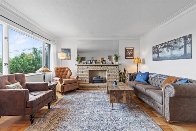 920 Maple Ave, Castle Shannon, PA 15234 - living area featuring ornamental molding and a brick fireplace