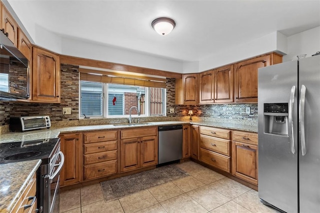 920 Maple Ave, Castle Shannon, PA 15234 - kitchen featuring appliances with stainless steel finishes, a sink, brown cabinets, and tasteful backsplash