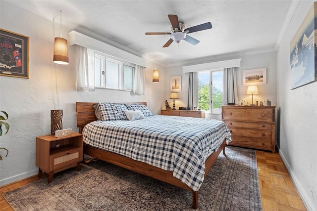 920 Maple Ave, Castle Shannon, PA 15234 - bedroom featuring ornamental molding, baseboards, a textured wall, and ceiling fan