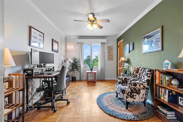 920 Maple Ave, Castle Shannon, PA 15234 - office area featuring a ceiling fan, crown molding, baseboards, and a textured wall