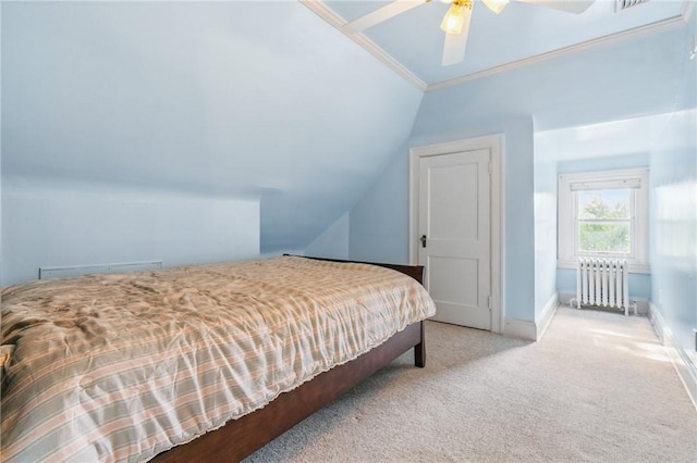1800 Wightman St, Squirrel Hill, PA 15217 - carpeted bedroom with radiator, vaulted ceiling, baseboards, ornamental molding, and a ceiling fan