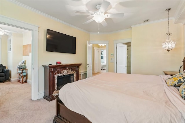 1800 Wightman St, Squirrel Hill, PA 15217 - bedroom with ornamental molding, light carpet, a high end fireplace, and baseboards