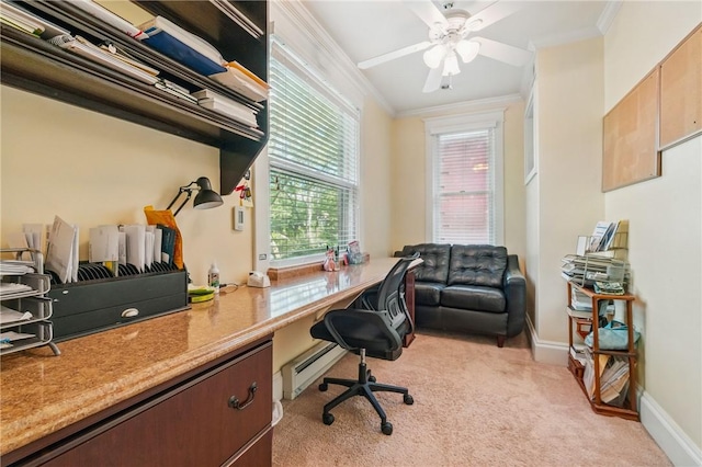 1800 Wightman St, Squirrel Hill, PA 15217 - office area with ornamental molding, light colored carpet, a baseboard heating unit, baseboards, and a ceiling fan