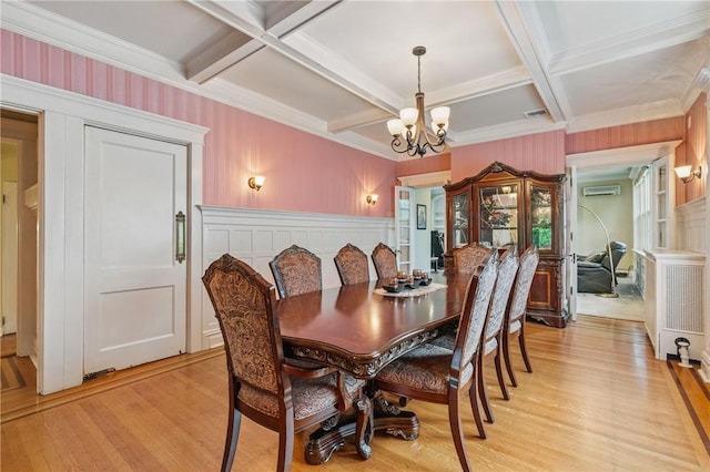 1800 Wightman St, Squirrel Hill, PA 15217 - dining area featuring coffered ceiling, an AC wall unit, a chandelier, light wood-type flooring, and beam ceiling