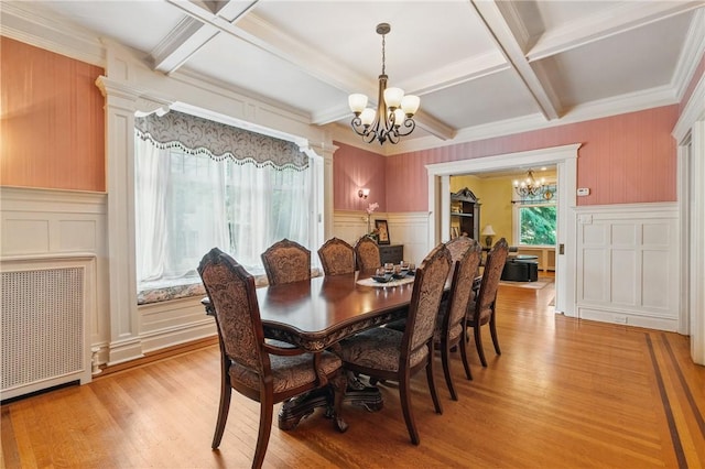 1800 Wightman St, Squirrel Hill, PA 15217 - dining area featuring a chandelier, coffered ceiling, a decorative wall, light wood-style floors, and beam ceiling