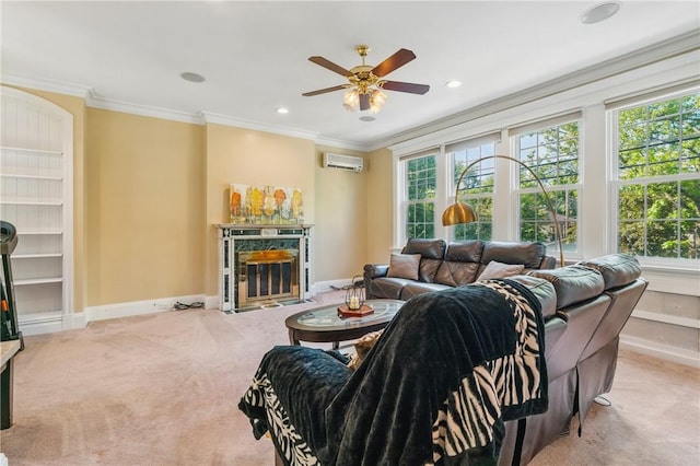 1800 Wightman St, Squirrel Hill, PA 15217 - living area featuring a wall mounted air conditioner, carpet, ornamental molding, a ceiling fan, and a high end fireplace