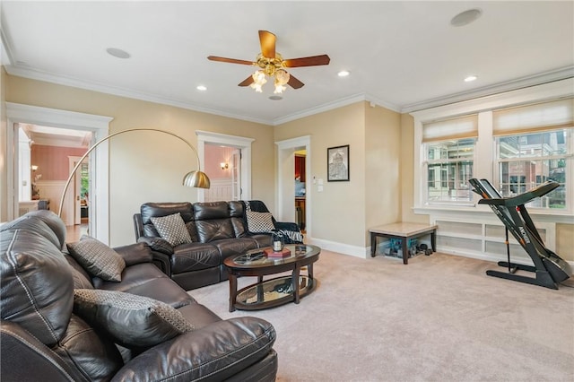 1800 Wightman St, Squirrel Hill, PA 15217 - living room with a ceiling fan, ornamental molding, carpet floors, recessed lighting, and baseboards