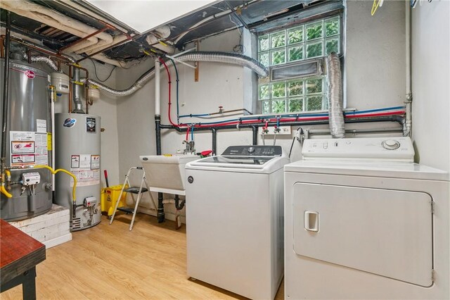 1800 Wightman St, Squirrel Hill, PA 15217 - laundry area featuring water heater, washer and clothes dryer, and light wood-style floors