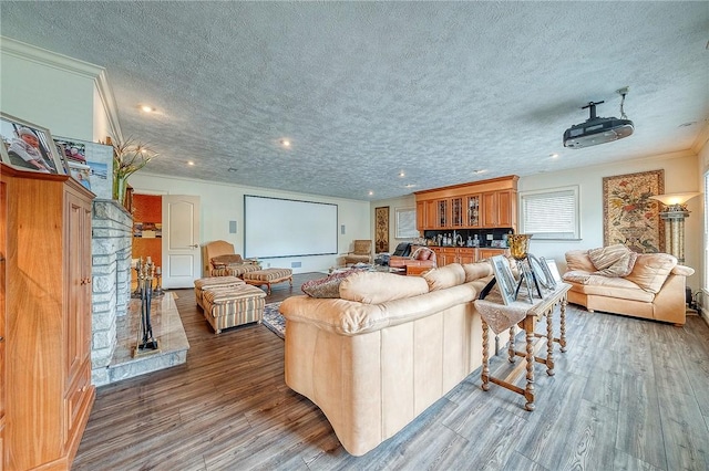 3098 Clay Pike St, Sewickley Twp, PA 15637 - living room with wood finished floors, crown molding, a textured ceiling, and recessed lighting