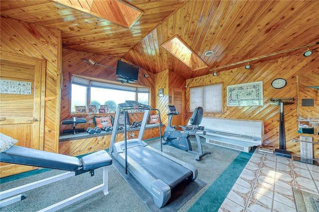 3098 Clay Pike St, Sewickley Twp, PA 15637 - exercise area with a skylight, lofted ceiling, wooden walls, and wood ceiling
