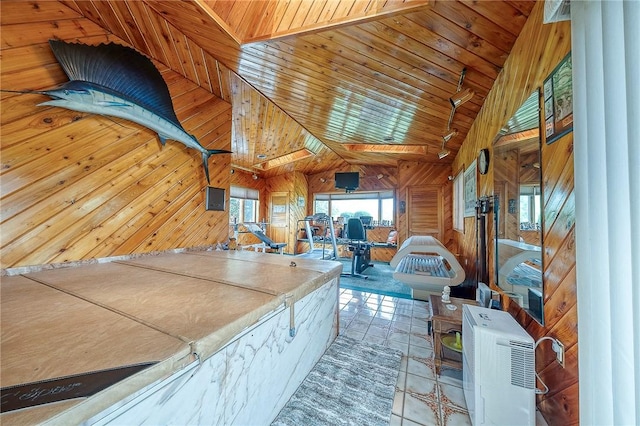 3098 Clay Pike St, Sewickley Twp, PA 15637 - kitchen with wooden walls, tile patterned floors, and high vaulted ceiling