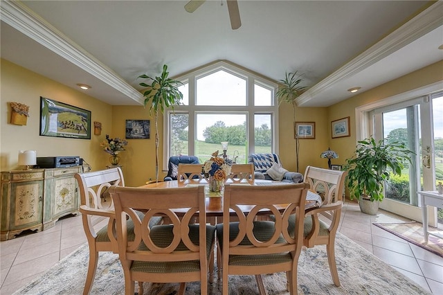 3098 Clay Pike St, Sewickley Twp, PA 15637 - dining room featuring light tile patterned floors, lofted ceiling, and a ceiling fan