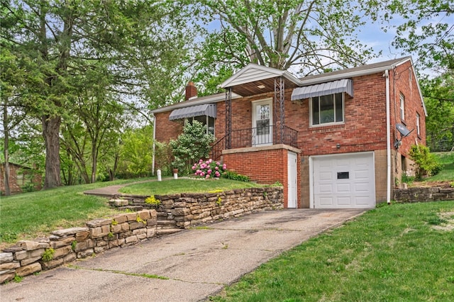 1332 Rte 519, North Strabane, PA 15330 - view of front of house with brick siding, a front lawn, an attached garage, concrete driveway, and a chimney