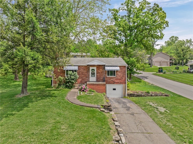 1332 Rte 519, North Strabane, PA 15330 - view of front facade featuring brick siding, asphalt driveway, a front yard, and a garage