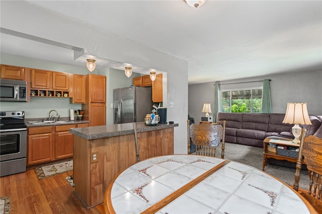 1332 Rte 519, North Strabane, PA 15330 - kitchen with appliances with stainless steel finishes, a sink, dark countertops, wood finished floors, and open floor plan