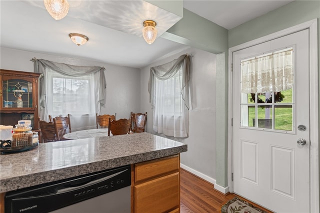 1332 Rte 519, North Strabane, PA 15330 - kitchen with stainless steel dishwasher, healthy amount of natural light, dark wood-style floors, and baseboards