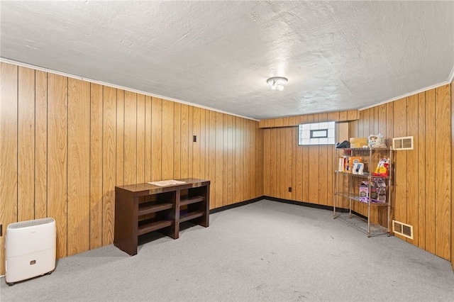 1332 Rte 519, North Strabane, PA 15330 - below grade area with light colored carpet, wood walls, and a textured ceiling