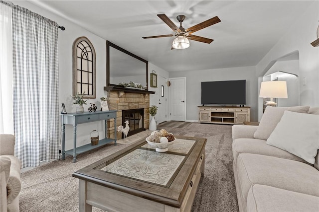 1509 Ingomar Heights Rd, Franklin Park, PA 15237 - carpeted living area featuring ceiling fan, baseboards, and a fireplace