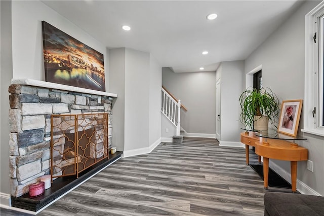210 E Willock, Brentwood, PA 15227 - entrance foyer with wood finished floors, recessed lighting, baseboards, stairs, and a fireplace