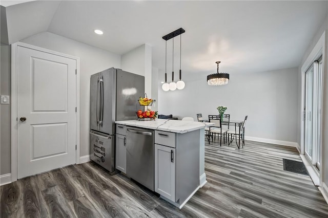 210 E Willock, Brentwood, PA 15227 - kitchen with stainless steel appliances, dark wood-type flooring, gray cabinets, baseboards, and recessed lighting
