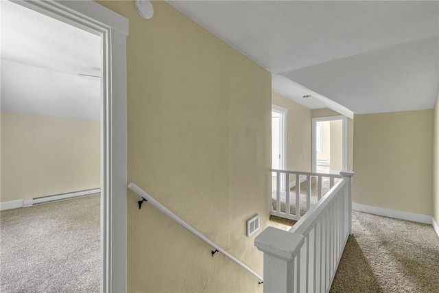 9895 Willow Dr, Mccandless, PA 15090 - stairs featuring carpet, baseboard heating, baseboards, and vaulted ceiling