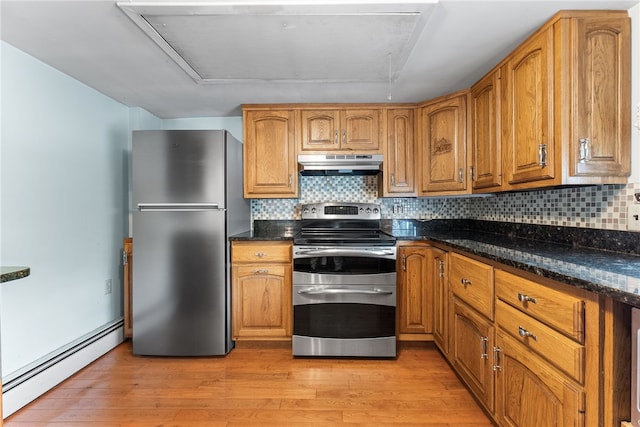 271 Harbison Rd, Buffalo Twp But, PA 16055 - kitchen featuring stainless steel appliances, under cabinet range hood, a baseboard heating unit, brown cabinets, and decorative backsplash
