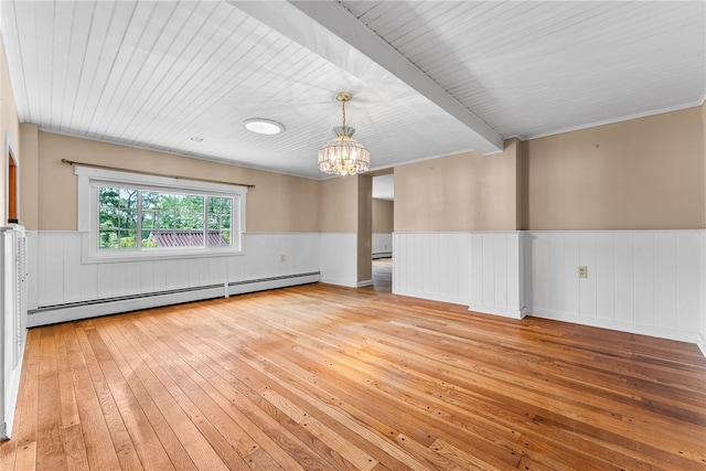 271 Harbison Rd, Buffalo Twp But, PA 16055 - spare room with light wood-style flooring, a baseboard radiator, wainscoting, a chandelier, and wooden ceiling