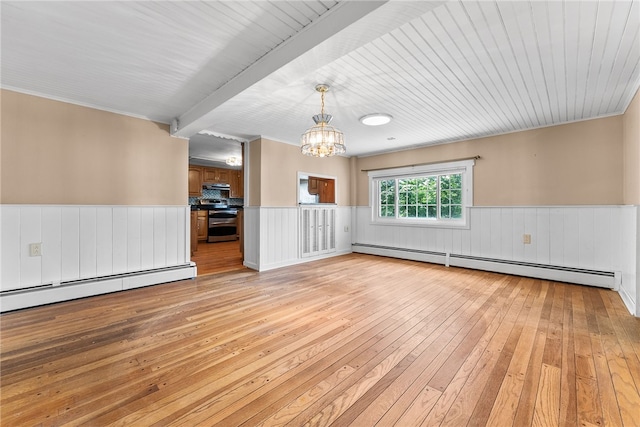 271 Harbison Rd, Buffalo Twp But, PA 16055 - empty room with a baseboard radiator, light wood-style flooring, a wainscoted wall, a chandelier, and wooden ceiling
