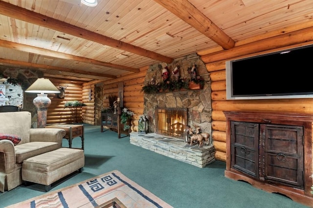 1511 Corporation St, Beaver, PA 15009 - carpeted living area with a stone fireplace, rustic walls, and wood ceiling with exposed beams