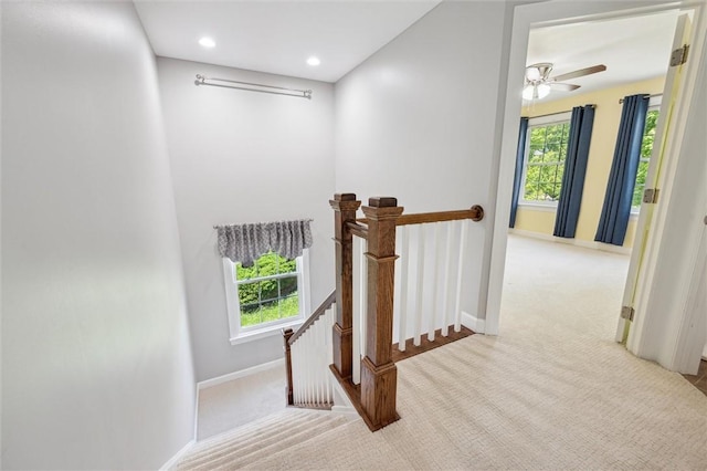 821 Westminster Ln, Cranberry Twp, PA 16066 - stairway with carpet flooring, baseboards, healthy amount of natural light, recessed lighting, and a ceiling fan