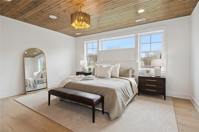 205 Rothaar Ct, Peters Twp, PA 15367 - bedroom with wood ceiling, a chandelier, light wood finished floors, recessed lighting, and baseboards