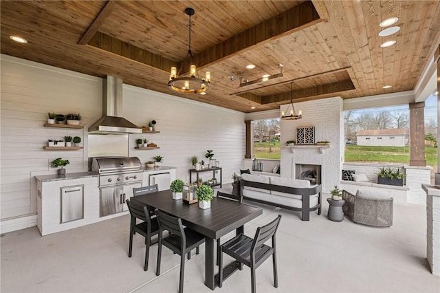 205 Rothaar Ct, Peters Twp, PA 15367 - dining area with wood ceiling, a chandelier, an outdoor brick fireplace, finished concrete flooring, and wooden walls