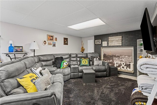 2092 Arnold Acres Dr, Banksville/Westwood, PA 15205 - living room with a drop ceiling, a fireplace, and carpet flooring