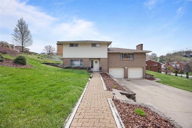 1111 Oriole Dr, Green Tree, PA 15220 - split level home with driveway, brick siding, an attached garage, and a chimney