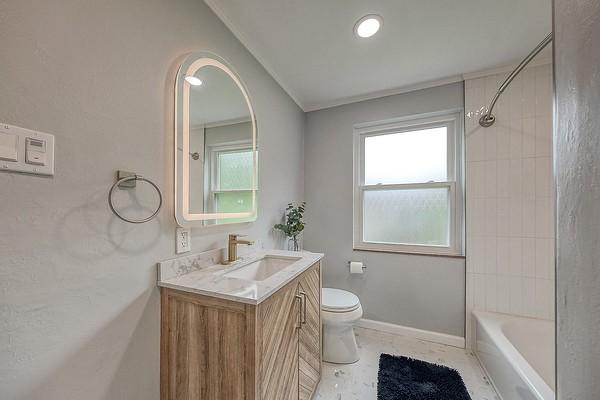 1603 Randolph Ln, Penn Hills, PA 15147 - full bathroom with vanity, toilet, healthy amount of natural light, crown molding, and washtub / shower combination