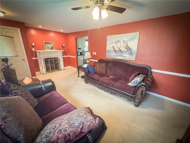 829 Saxonburg Rd, Jefferson Twp But, PA 16002 - carpeted living area with a ceiling fan, a fireplace, baseboards, and recessed lighting