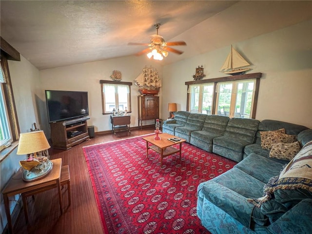 829 Saxonburg Rd, Jefferson Twp But, PA 16002 - living room featuring a ceiling fan, lofted ceiling, and wood finished floors