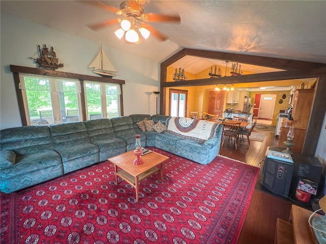 829 Saxonburg Rd, Jefferson Twp But, PA 16002 - living room featuring lofted ceiling, wood finished floors, and a ceiling fan