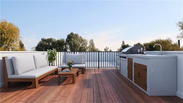 424 Clarence St, West End, PA 15211 - wooden terrace with outdoor lounge area, an outdoor kitchen, and a sink