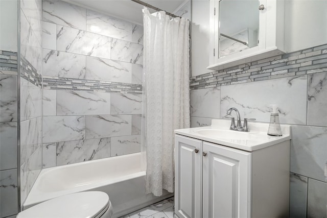 639 Tingley Ave, Bellevue, PA 15202 - bathroom with toilet, vanity, shower / bathtub combination with curtain, marble finish floors, and tile walls